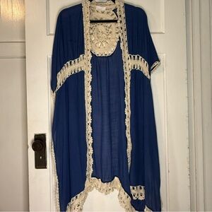 Free People Blue Kimono with Cream Lace Trim